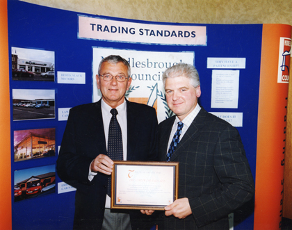 Ray Mallon, Mayor of Middlesbrough presenting Eric Carter the Certificate for the Middlesbrough Trade Partnership